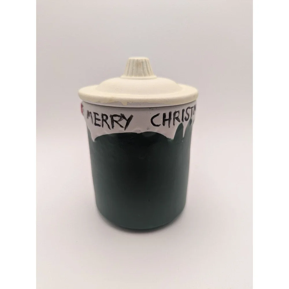 Vtg Christmas Dolgencorp Santa Candle Green Ceramic Jar with Lid Merry Christmas